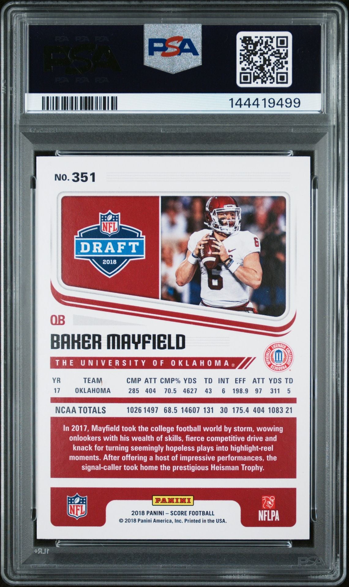 Baker Mayfield 2018 Panini Score Red Oklahoma Sooners Signed Football RC Rookie Card #351 Graded PSA 9 Auto 10 Cert #144419499-Powers Sports Memorabilia