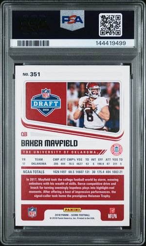Baker Mayfield 2018 Panini Score Red Oklahoma Sooners Signed Football RC Rookie Card #351 Graded PSA 9 Auto 10 Cert #144419499-Powers Sports Memorabilia