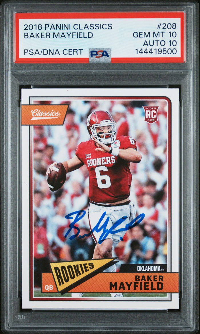 Baker Mayfield 2018 Panini Classics Oklahoma Sooners Signed Football RC Rookie Card #208 Graded PSA 10 Auto 10 Cert #144419500-Powers Sports Memorabilia