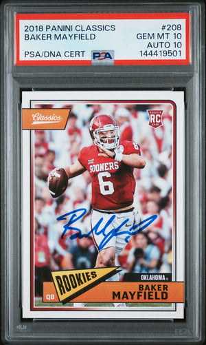 Baker Mayfield 2018 Panini Classics Oklahoma Sooners Signed Football RC Rookie Card #208 Graded PSA 10 Auto 10 Cert #144419501-Powers Sports Memorabilia