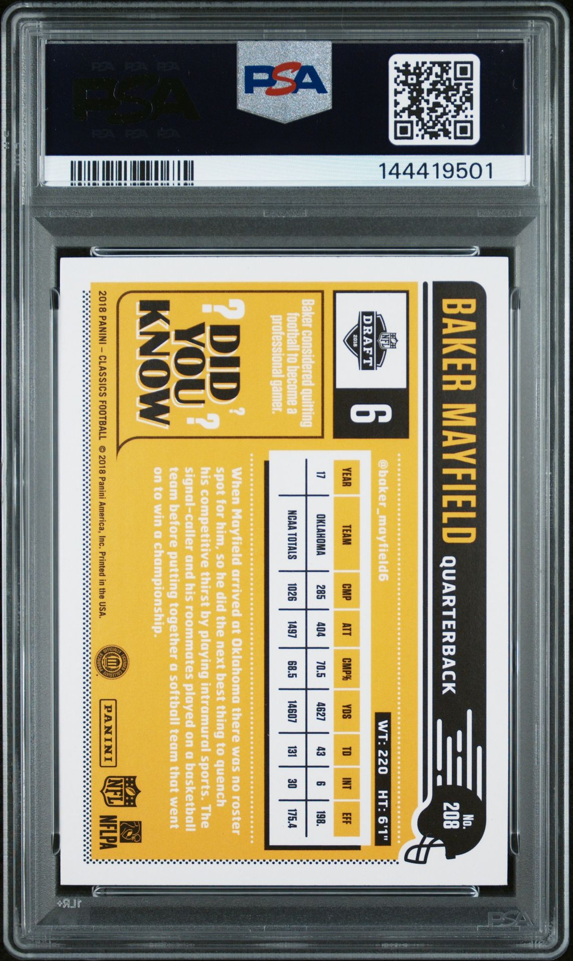 Baker Mayfield 2018 Panini Classics Oklahoma Sooners Signed Football RC Rookie Card #208 Graded PSA 10 Auto 10 Cert #144419501-Powers Sports Memorabilia