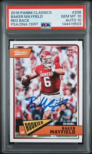 Baker Mayfield 2018 Panini Classics Red Back Oklahoma Sooners Signed Football RC Rookie Card #208 Serial 201/299 Graded PSA 10 Auto 10 Cert #144419503-Powers Sports Memorabilia