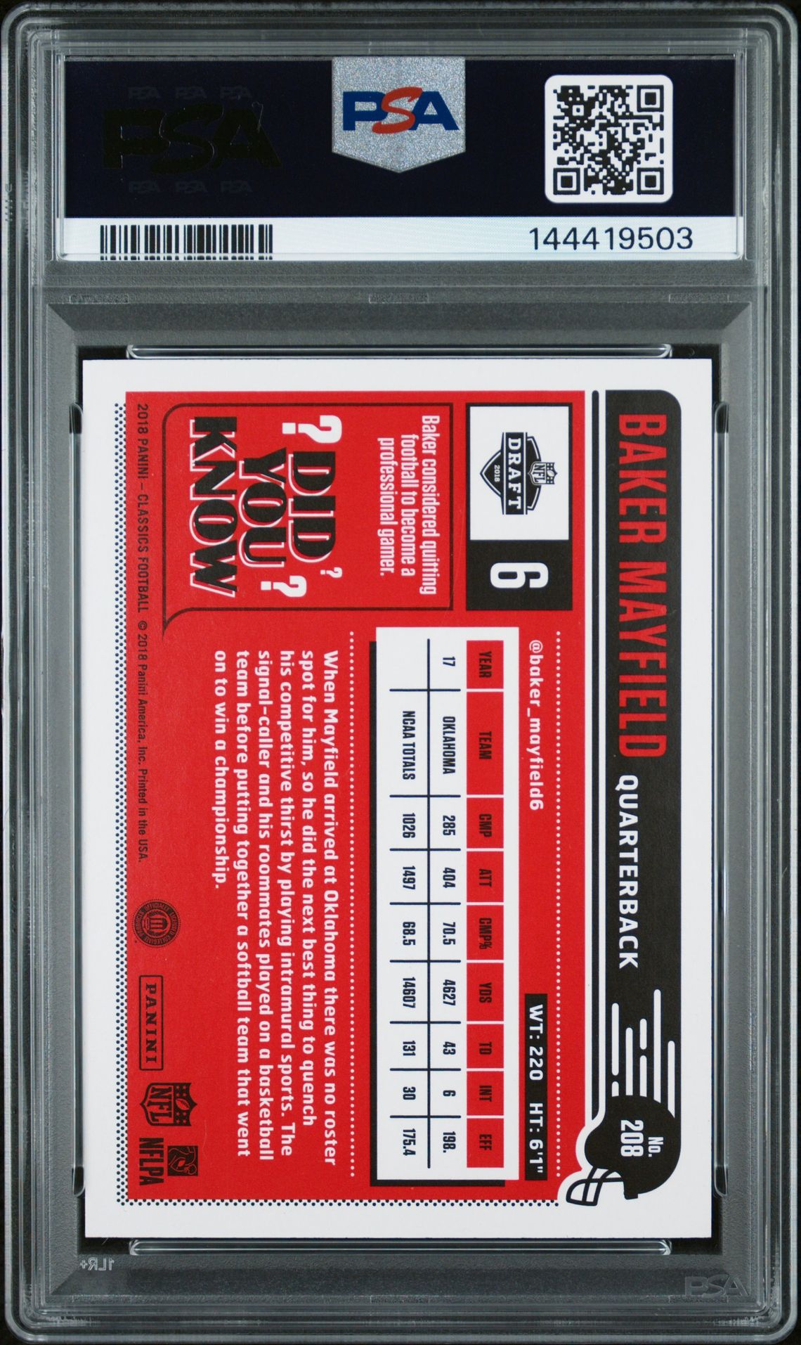 Baker Mayfield 2018 Panini Classics Red Back Oklahoma Sooners Signed Football RC Rookie Card #208 Serial 201/299 Graded PSA 10 Auto 10 Cert #144419503-Powers Sports Memorabilia