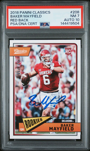 Baker Mayfield 2018 Panini Classics Red Back Oklahoma Sooners Signed Football RC Rookie Card #208 Serial 150/299 Graded PSA 7 Auto 10 Cert #144419504-Powers Sports Memorabilia