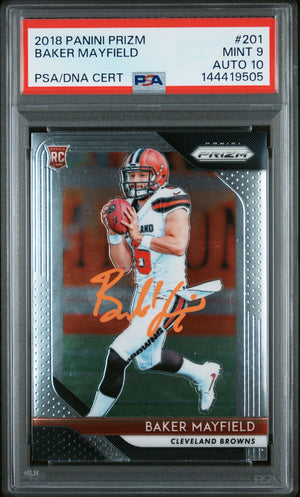 Baker Mayfield 2018 Panini Prizm Cleveland Browns Signed Football RC Rookie Card #201 Graded PSA 9 Auto 10 Cert #144419505-Powers Sports Memorabilia