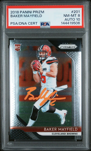 Baker Mayfield 2018 Panini Prizm Cleveland Browns Signed Football RC Rookie Card #201 Graded PSA 8 Auto 10 Cert #144419506-Powers Sports Memorabilia