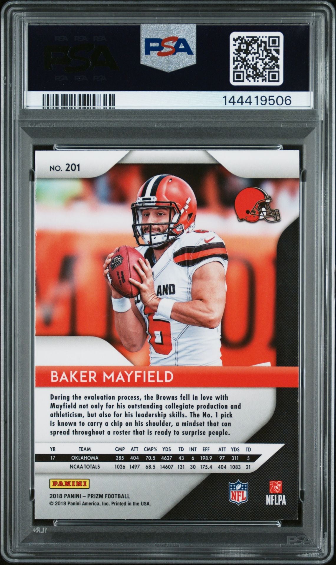 Baker Mayfield 2018 Panini Prizm Cleveland Browns Signed Football RC Rookie Card #201 Graded PSA 8 Auto 10 Cert #144419506-Powers Sports Memorabilia