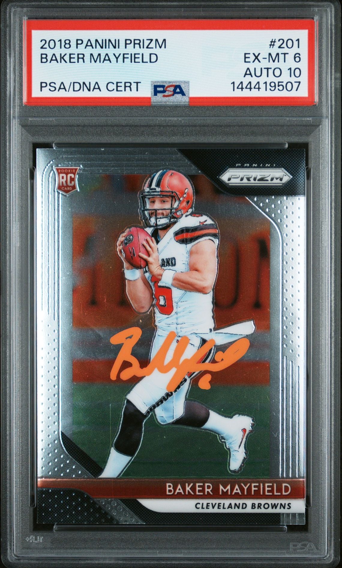 Baker Mayfield 2018 Panini Prizm Cleveland Browns Signed Football RC Rookie Card #201 Graded PSA 6 Auto 10 Cert #144419507-Powers Sports Memorabilia
