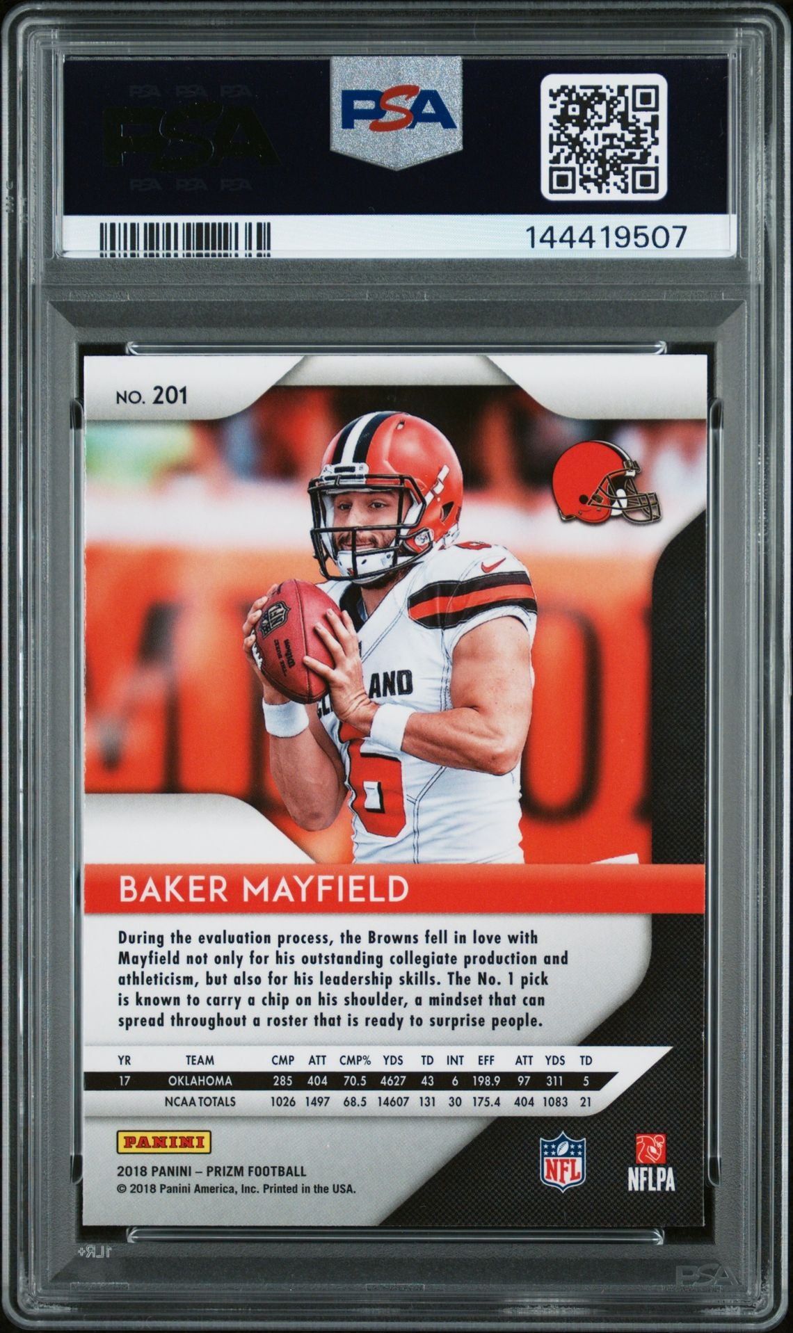 Baker Mayfield 2018 Panini Prizm Cleveland Browns Signed Football RC Rookie Card #201 Graded PSA 6 Auto 10 Cert #144419507-Powers Sports Memorabilia