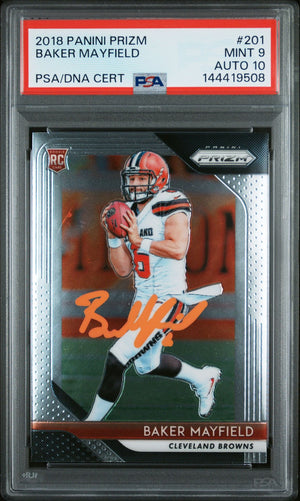 Baker Mayfield 2018 Panini Prizm Cleveland Browns Signed Football RC Rookie Card #201 Graded PSA 9 Auto 10 Cert #144419508-Powers Sports Memorabilia