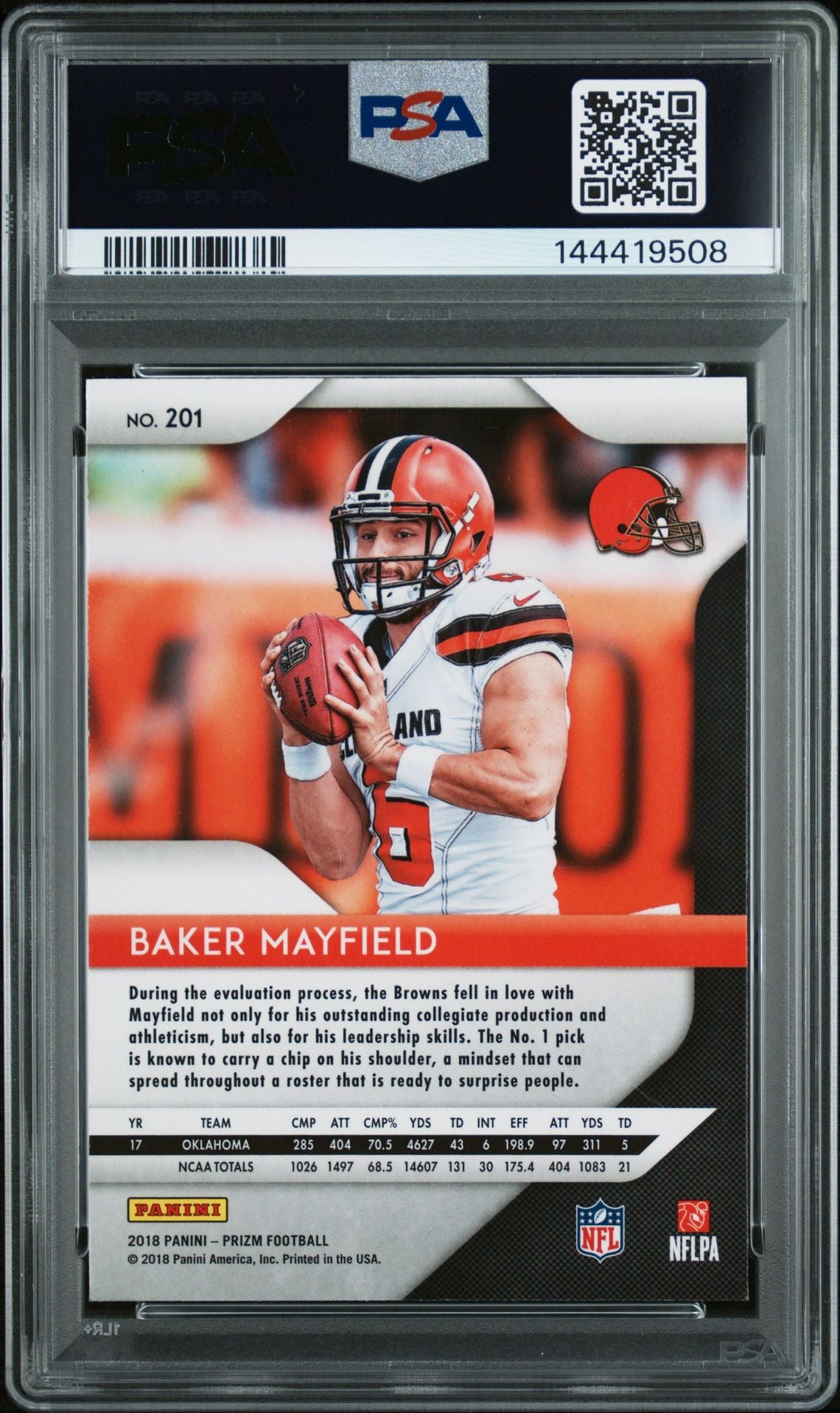 Baker Mayfield 2018 Panini Prizm Cleveland Browns Signed Football RC Rookie Card #201 Graded PSA 9 Auto 10 Cert #144419508-Powers Sports Memorabilia