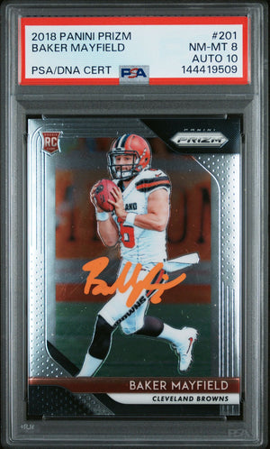 Baker Mayfield 2018 Panini Prizm Cleveland Browns Signed Football RC Rookie Card #201 Graded PSA 8 Auto 10 Cert #144419509-Powers Sports Memorabilia