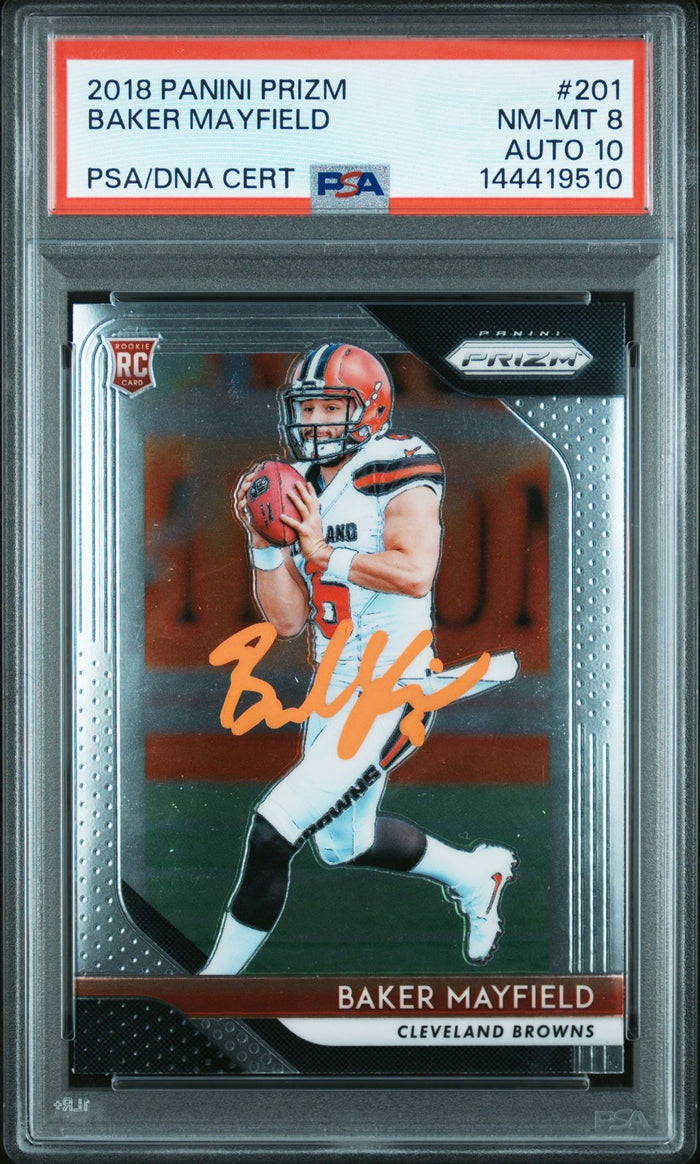 Baker Mayfield 2018 Panini Prizm Cleveland Browns Signed Football RC Rookie Card #201 Graded PSA 8 Auto 10 Cert #144419510-Powers Sports Memorabilia