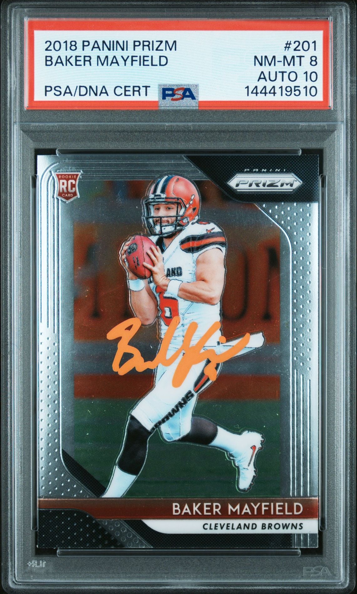 Baker Mayfield 2018 Panini Prizm Cleveland Browns Signed Football RC Rookie Card #201 Graded PSA 8 Auto 10 Cert #144419510-Powers Sports Memorabilia
