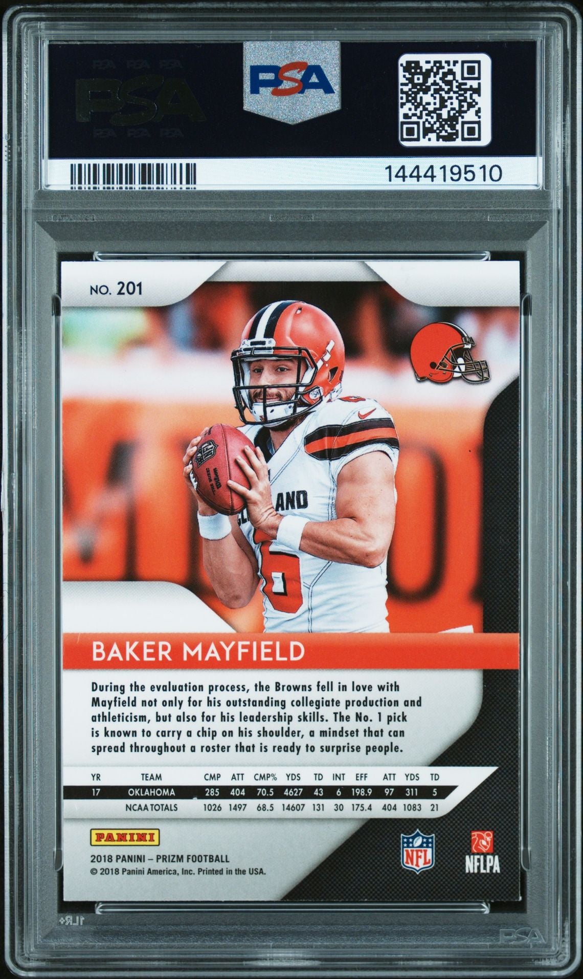 Baker Mayfield 2018 Panini Prizm Cleveland Browns Signed Football RC Rookie Card #201 Graded PSA 8 Auto 10 Cert #144419510-Powers Sports Memorabilia