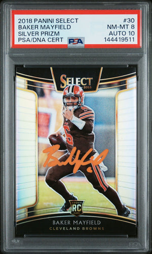Baker Mayfield 2018 Panini Select Silver Prizm Cleveland Browns Signed Football RC Rookie Card #30 Graded PSA 8 Auto 10 Cert #144419511-Powers Sports Memorabilia