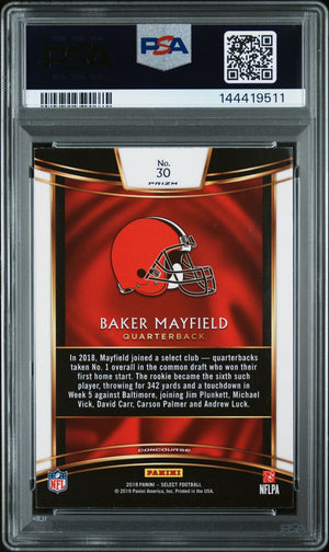 Baker Mayfield 2018 Panini Select Silver Prizm Cleveland Browns Signed Football RC Rookie Card #30 Graded PSA 8 Auto 10 Cert #144419511-Powers Sports Memorabilia