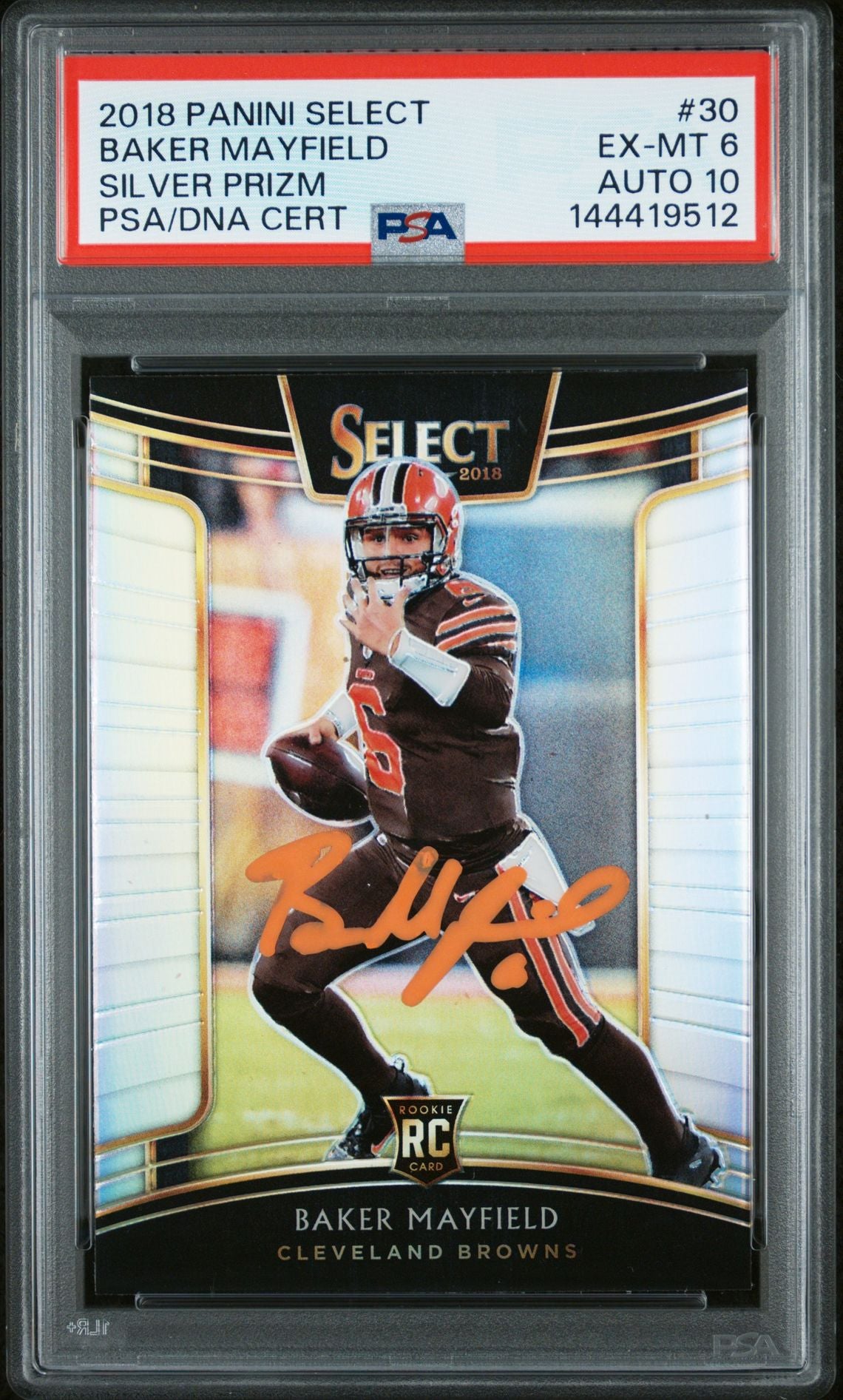 Baker Mayfield 2018 Panini Select Silver Prizm Cleveland Browns Signed Football RC Rookie Card #30 Graded PSA 6 Auto 10 Cert #144419512-Powers Sports Memorabilia