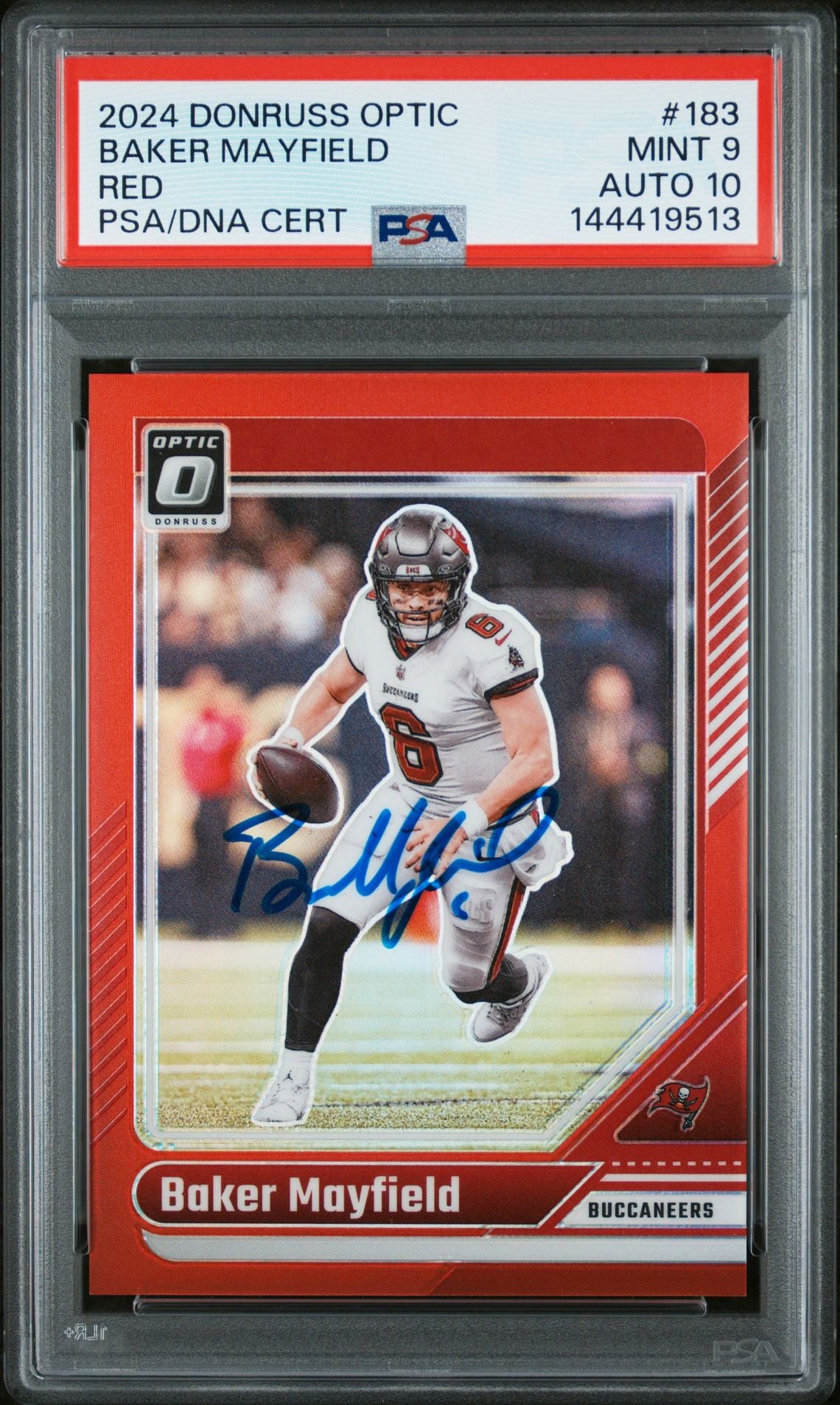 Baker Mayfield 2024 Donruss Optic Red Tampa Bay Buccaneers Signed Football Card #183 Serial 117/125 Graded PSA 9 Auto 10 Cert #144419513-Powers Sports Memorabilia