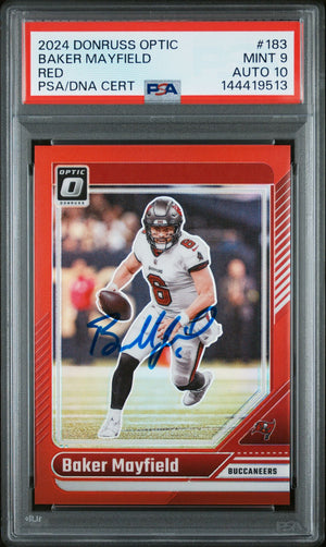 Baker Mayfield 2024 Donruss Optic Red Tampa Bay Buccaneers Signed Football Card #183 Serial 117/125 Graded PSA 9 Auto 10 Cert #144419513-Powers Sports Memorabilia