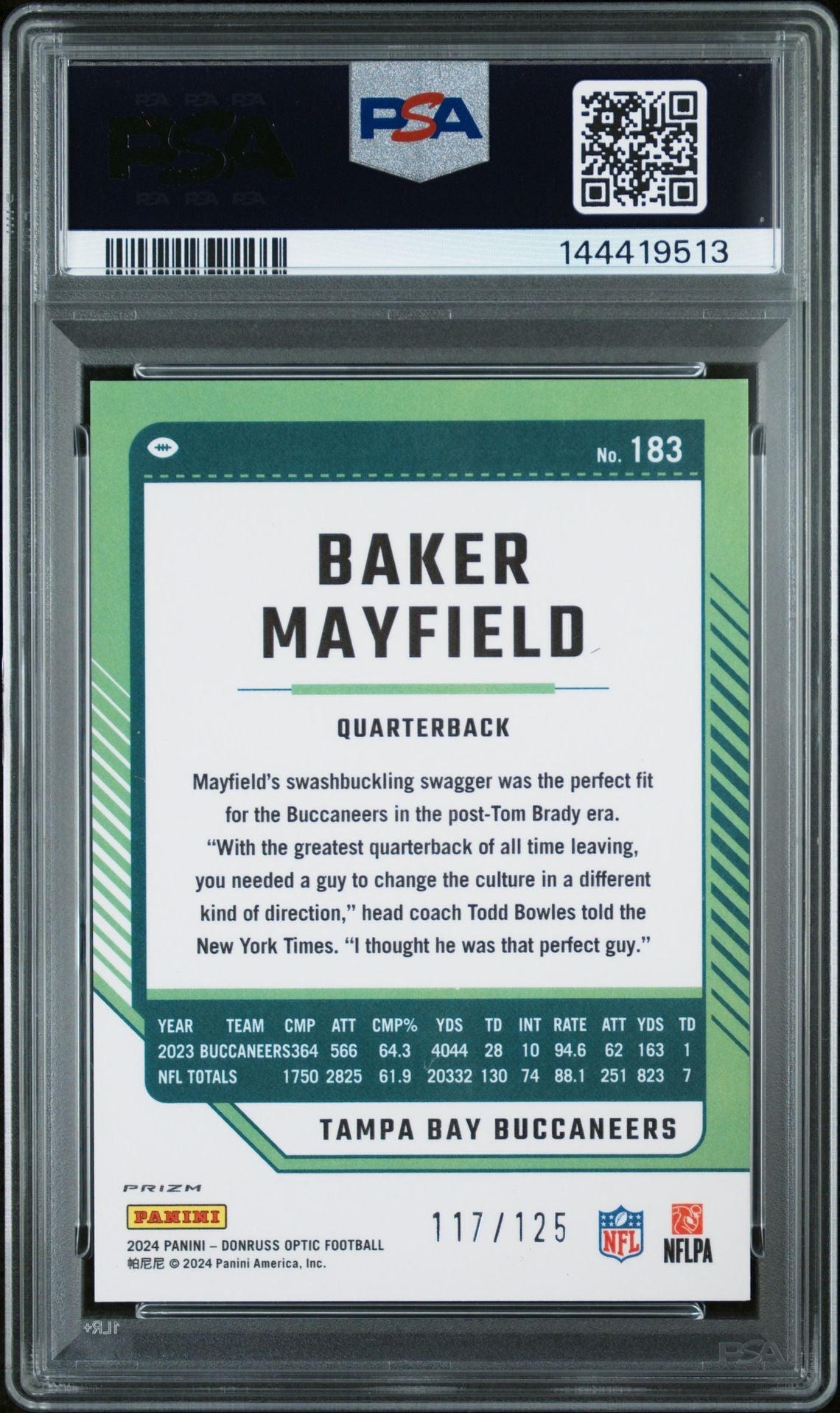 Baker Mayfield 2024 Donruss Optic Red Tampa Bay Buccaneers Signed Football Card #183 Serial 117/125 Graded PSA 9 Auto 10 Cert #144419513-Powers Sports Memorabilia