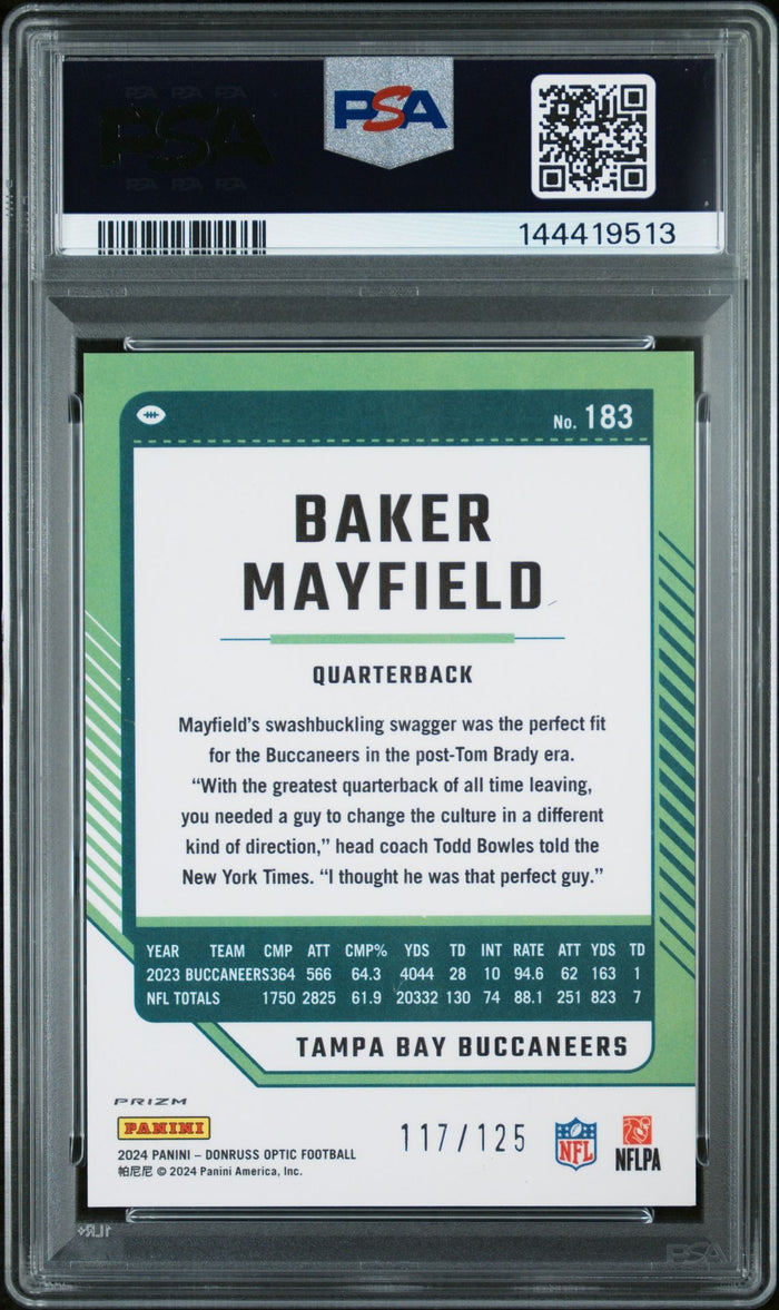 Baker Mayfield 2024 Donruss Optic Red Tampa Bay Buccaneers Signed Football Card #183 Serial 117/125 Graded PSA 9 Auto 10 Cert #144419513-Powers Sports Memorabilia