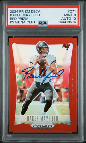 Baker Mayfield 2024 Prizm Deca Red Tampa Bay Buccaneers Signed Football Card #271 Serial 152/199 Graded PSA 9 Auto 10 Cert #144419514-Powers Sports Memorabilia