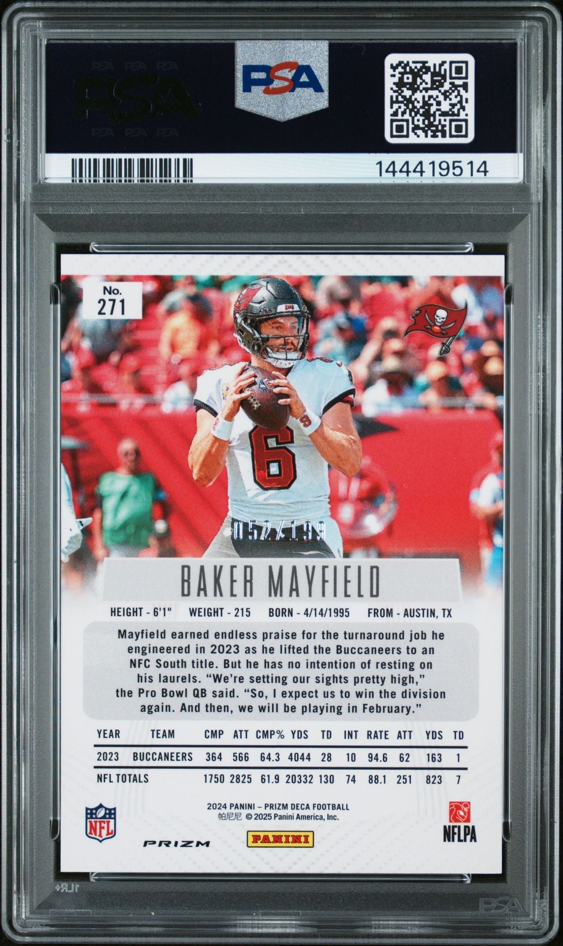 Baker Mayfield 2024 Prizm Deca Red Tampa Bay Buccaneers Signed Football Card #271 Serial 152/199 Graded PSA 9 Auto 10 Cert #144419514-Powers Sports Memorabilia