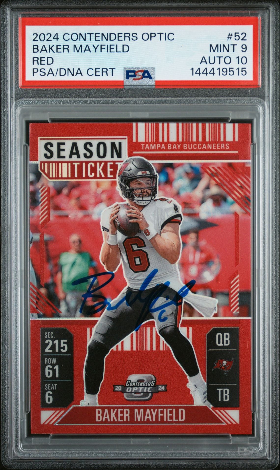 Baker Mayfield 2024 Contenders Optic Red Tampa Bay Buccaneers Signed Football Card #52 Serial 198/199 Graded PSA 9 Auto 10 Cert #144419515-Powers Sports Memorabilia