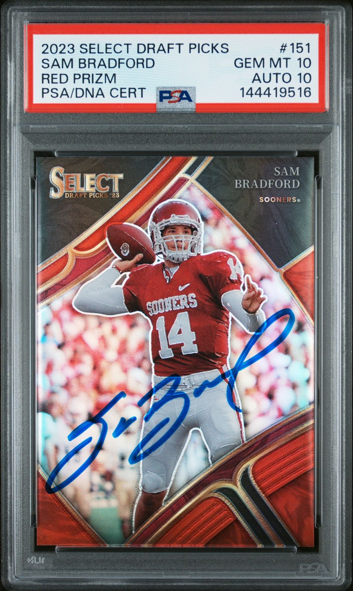 Sam Bradford 2023 Select Draft Picks Red Prizm Oklahoma Sooners Signed Football Card #151 Serial 36/149 Graded PSA 10 Auto 10 Cert #144419516-Powers Sports Memorabilia