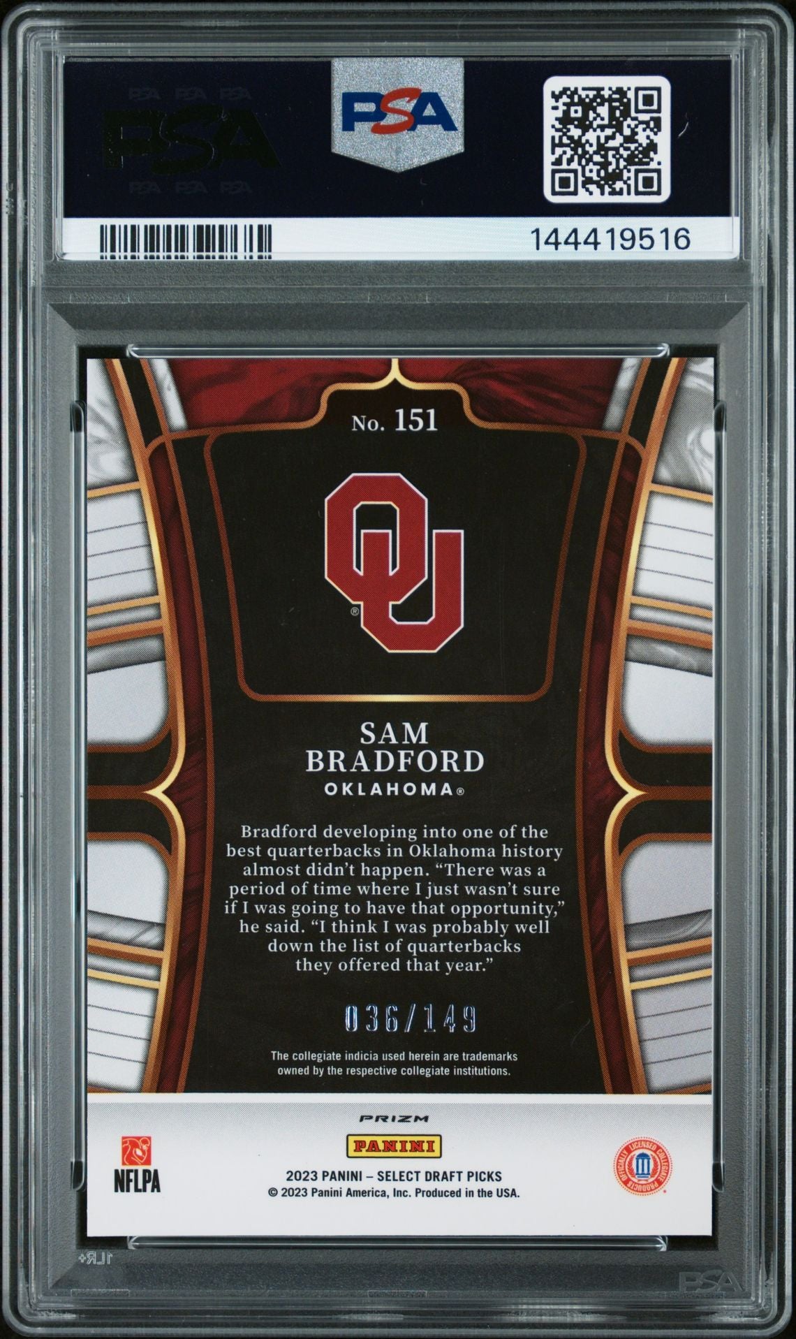 Sam Bradford 2023 Select Draft Picks Red Prizm Oklahoma Sooners Signed Football Card #151 Serial 36/149 Graded PSA 10 Auto 10 Cert #144419516-Powers Sports Memorabilia