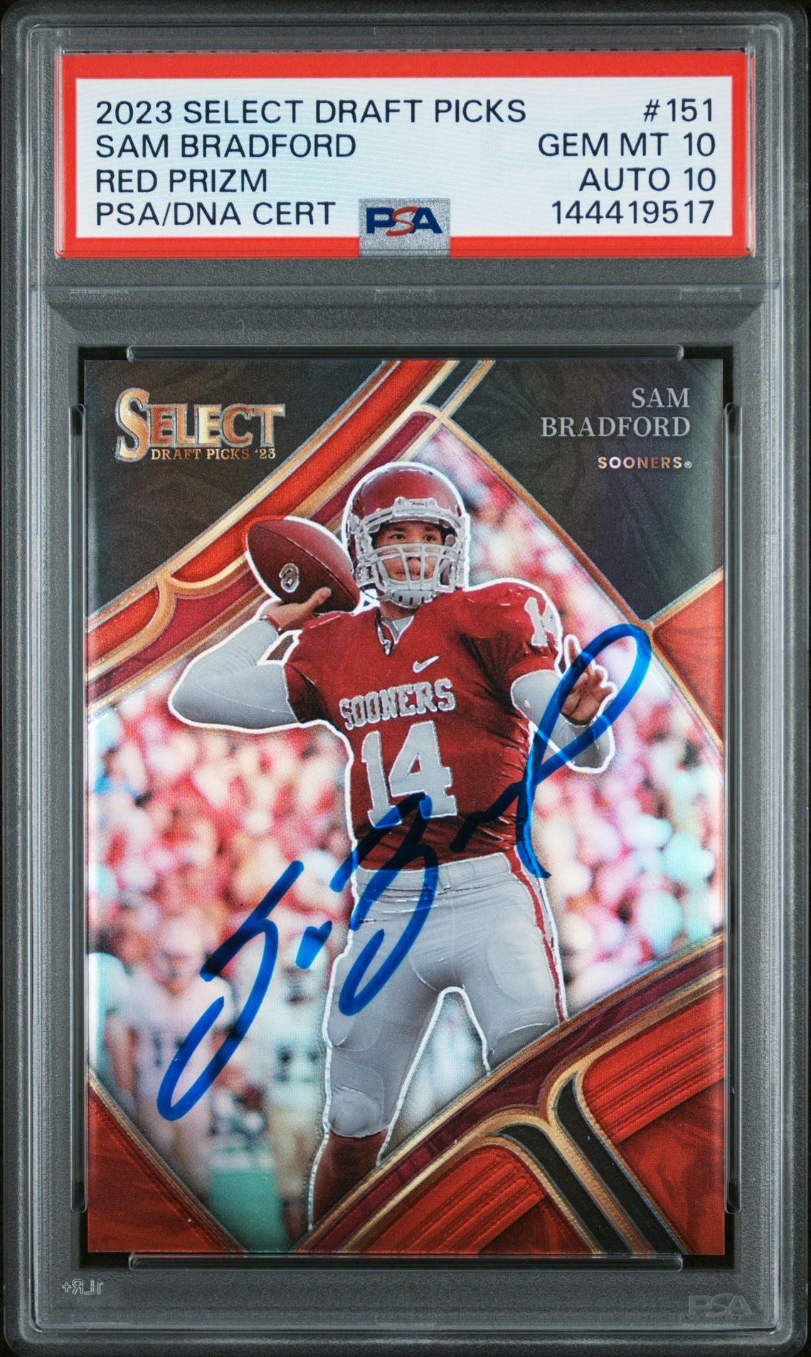 Sam Bradford 2023 Select Draft Picks Red Prizm Oklahoma Sooners Signed Football Card #151 Serial 31/149 Graded PSA 10 Auto 10 Cert #144419517-Powers Sports Memorabilia