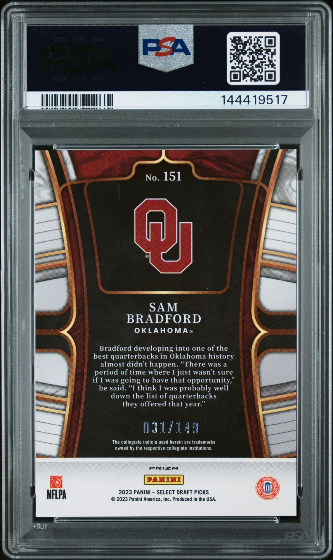 Sam Bradford 2023 Select Draft Picks Red Prizm Oklahoma Sooners Signed Football Card #151 Serial 31/149 Graded PSA 10 Auto 10 Cert #144419517-Powers Sports Memorabilia