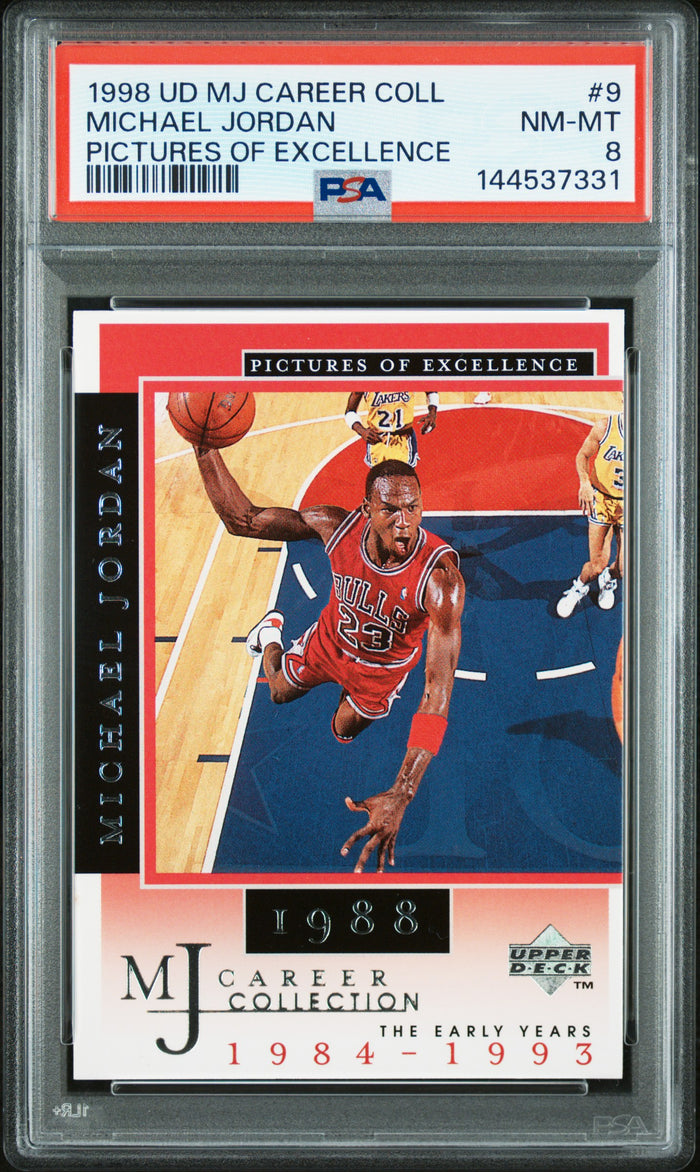 Michael Jordan 1998 Upper Deck MJ Career Collection Pictures of Excellence Chicago Bulls Basketball Card #9 Graded PSA 8 Cert #144537331-Powers Sports Memorabilia