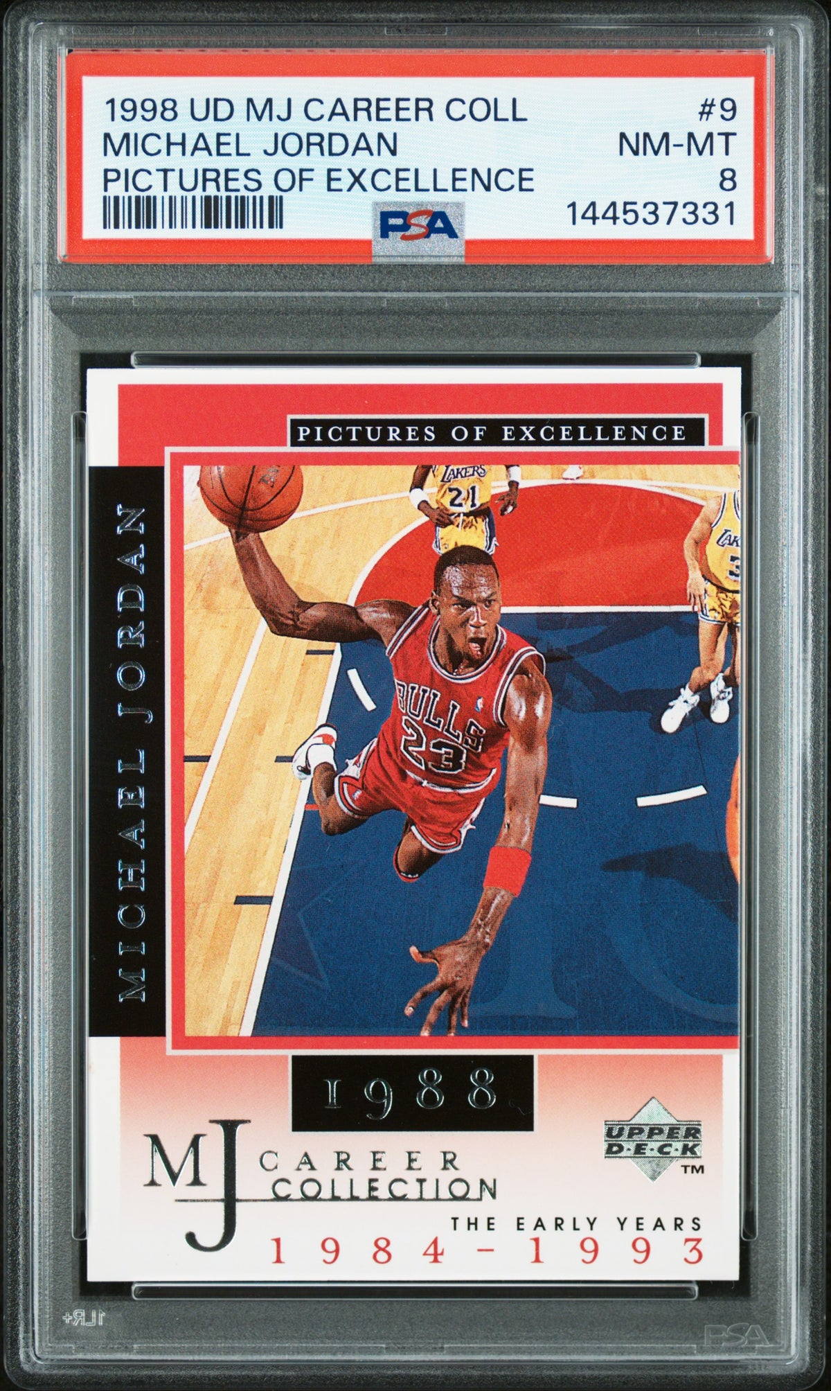 Michael Jordan 1998 Upper Deck MJ Career Collection Pictures of Excellence Chicago Bulls Basketball Card #9 Graded PSA 8 Cert #144537331-Powers Sports Memorabilia