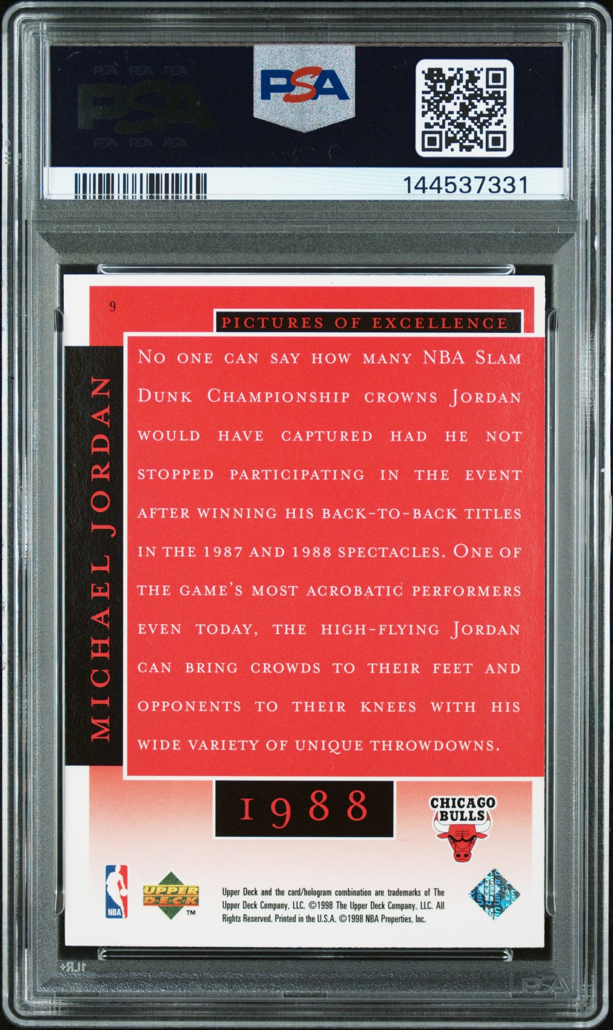 Michael Jordan 1998 Upper Deck MJ Career Collection Pictures of Excellence Chicago Bulls Basketball Card #9 Graded PSA 8 Cert #144537331-Powers Sports Memorabilia