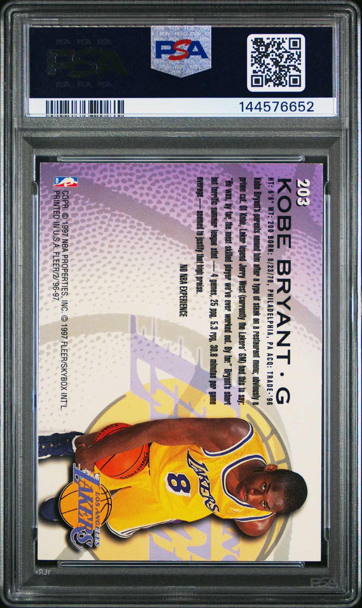 Kobe Bryant 1996 Fleer Los Angeles Lakers Basketball Rookie Card #203 Graded PSA 7 Cert #144576652-Powers Sports Memorabilia