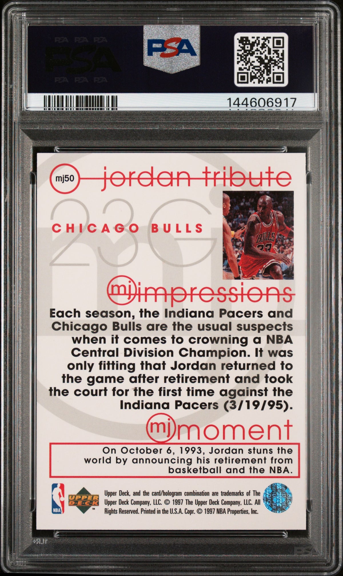 Michael Jordan 1996 Upper Deck Jordan Tribute MJ Impressions Chicago Bulls Basketball Card #MJ50 Graded PSA 9 Cert #144606917-Powers Sports Memorabilia
