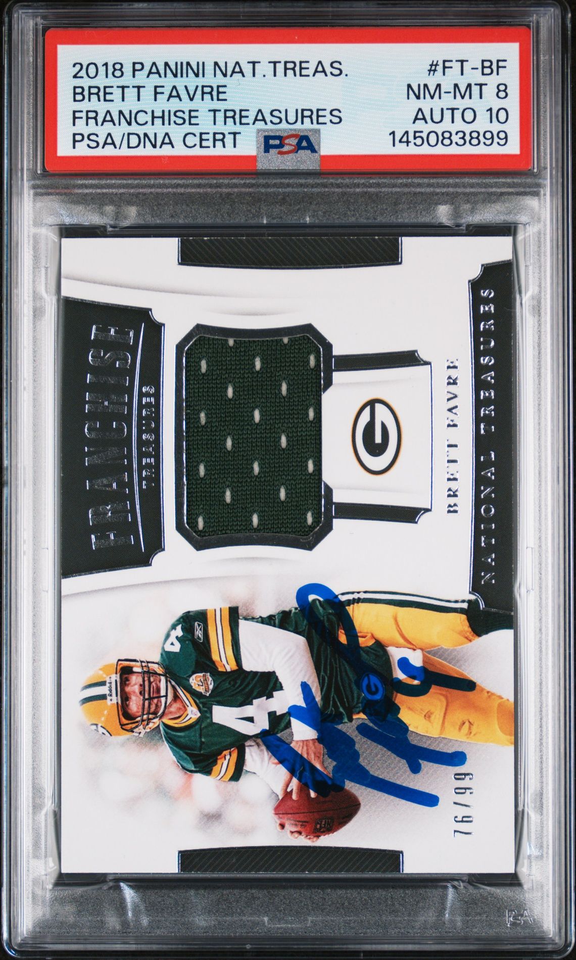 Brett Favre 2018 Panini National Treasures Green Bay Packers Signed Football Card #FT-BF Franchise Treasures Patch Worn Authentic Auto 10 Graded PSA 8 Cert #145083899 76/99-Powers Sports Memorabilia