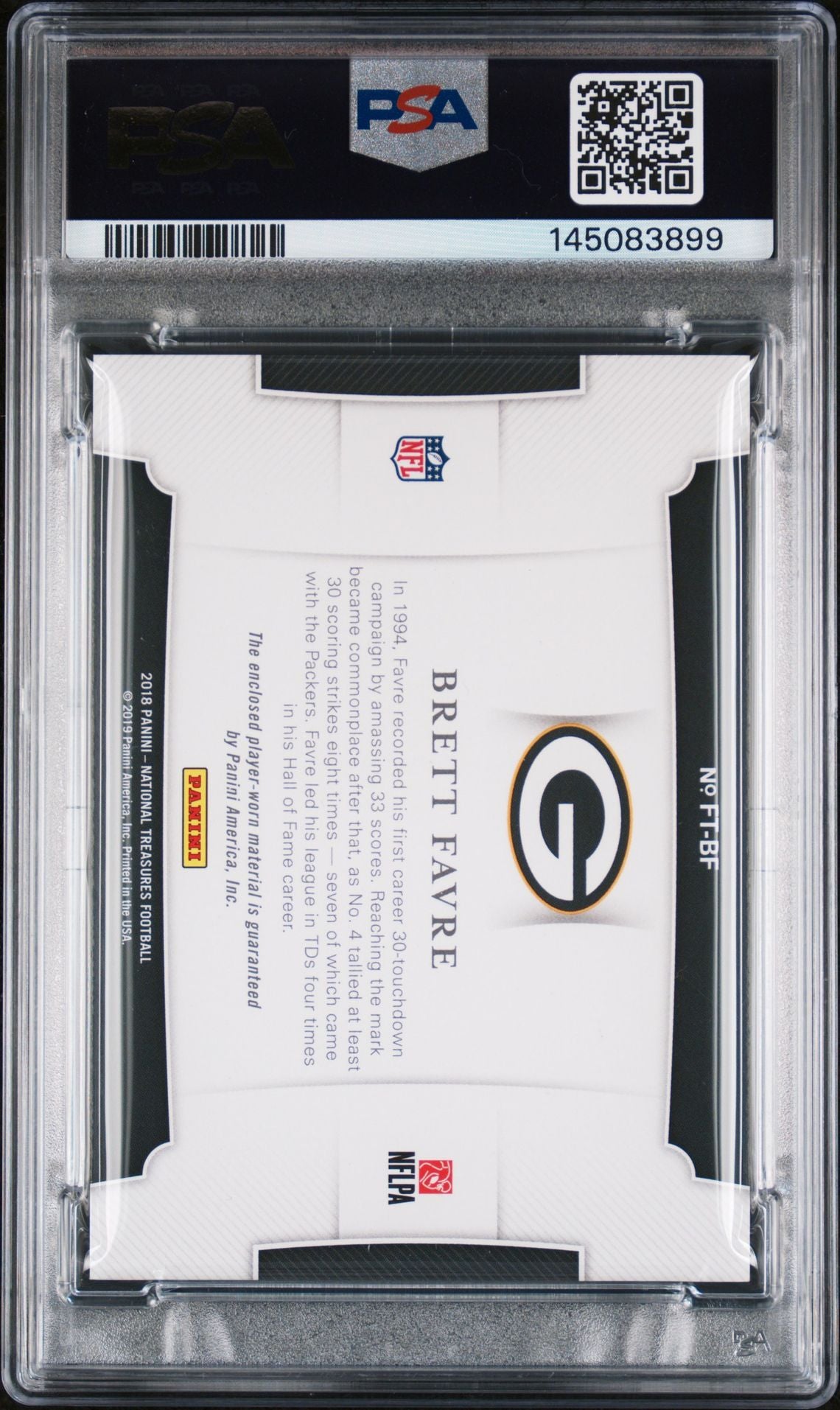 Brett Favre 2018 Panini National Treasures Green Bay Packers Signed Football Card #FT-BF Franchise Treasures Patch Worn Authentic Auto 10 Graded PSA 8 Cert #145083899 76/99-Powers Sports Memorabilia