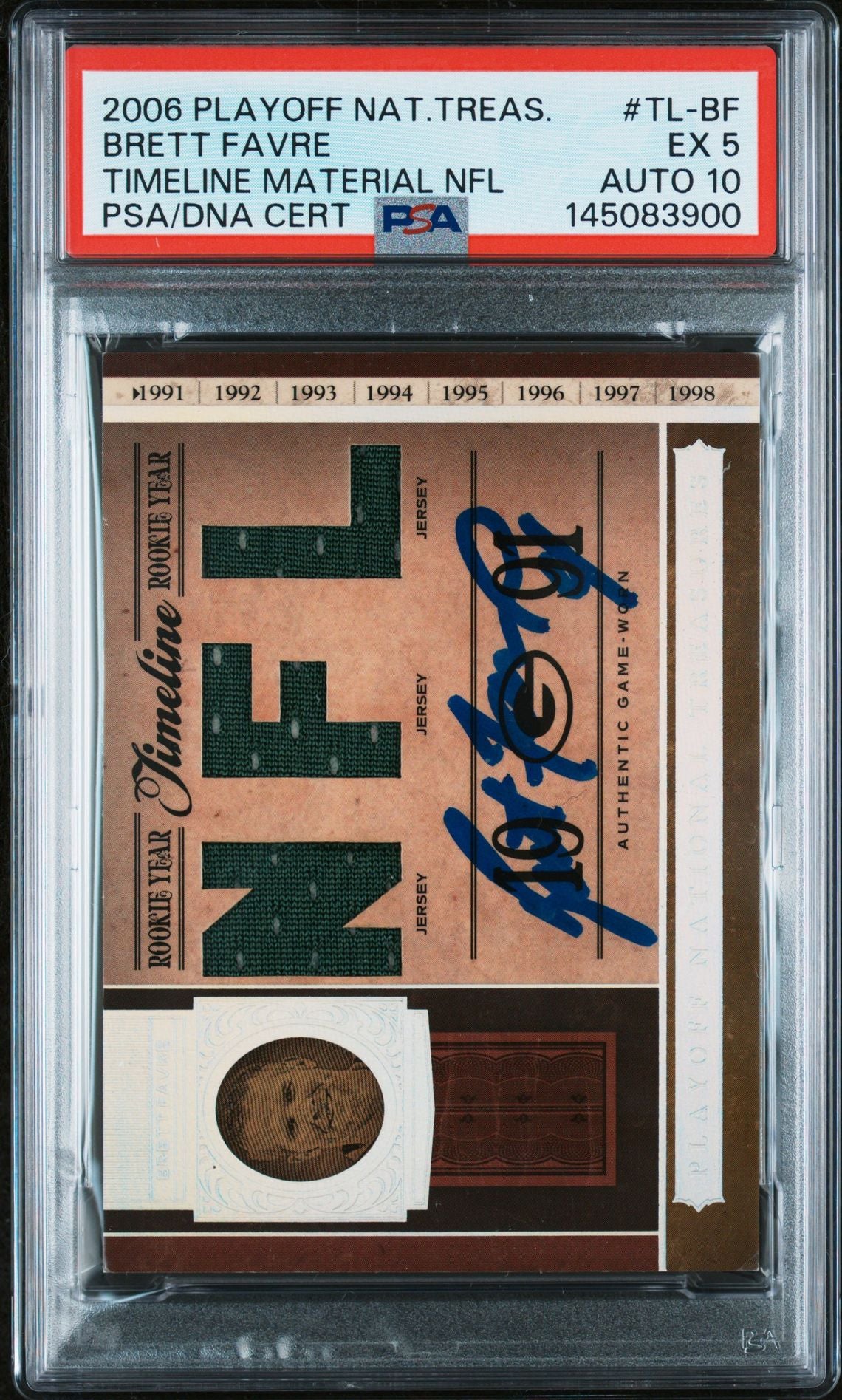 Brett Favre 2006 Playoff National Treasures Green Bay Packers Signed Football Card #TL-BF Timeline Material Game Used Patch Authentic Auto 10 Graded PSA 5 Cert #145083900 96/99-Powers Sports Memorabilia