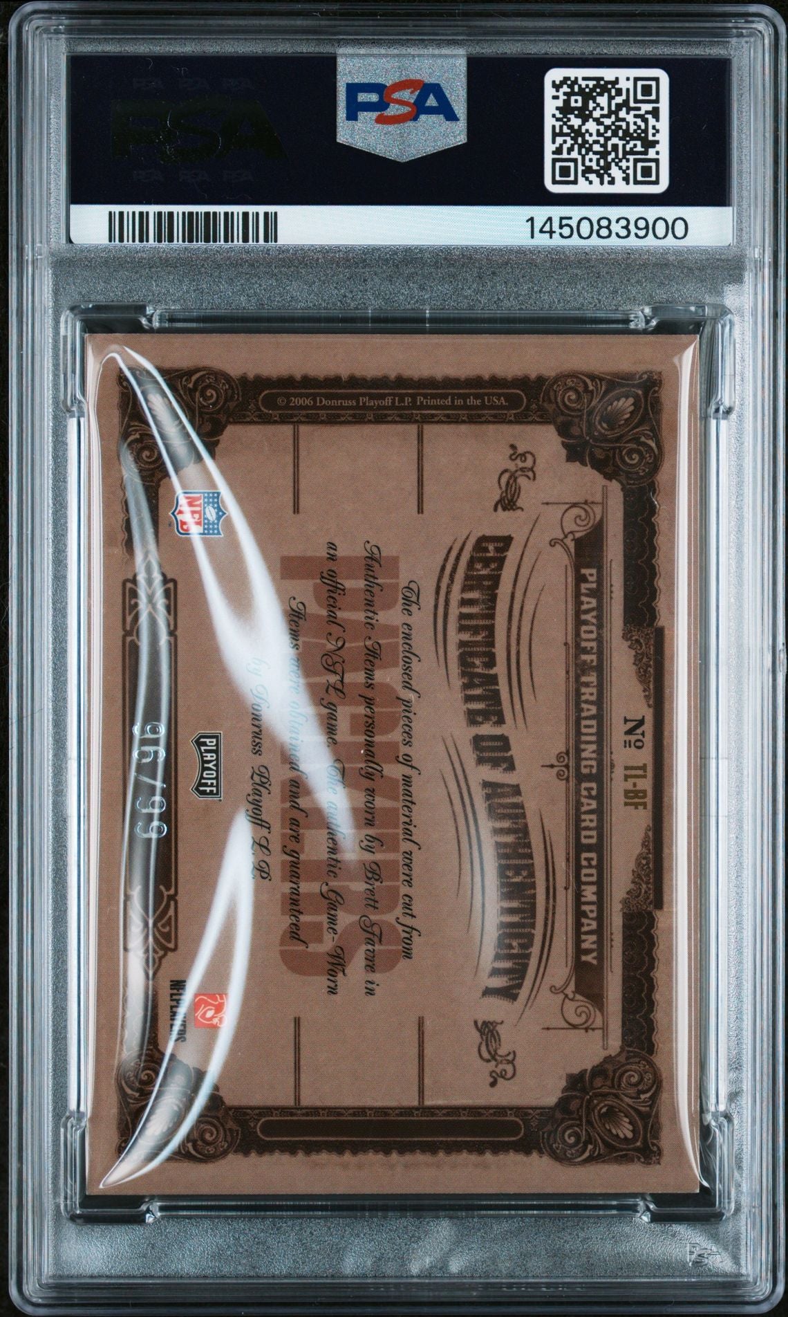 Brett Favre 2006 Playoff National Treasures Green Bay Packers Signed Football Card #TL-BF Timeline Material Game Used Patch Authentic Auto 10 Graded PSA 5 Cert #145083900 96/99-Powers Sports Memorabilia