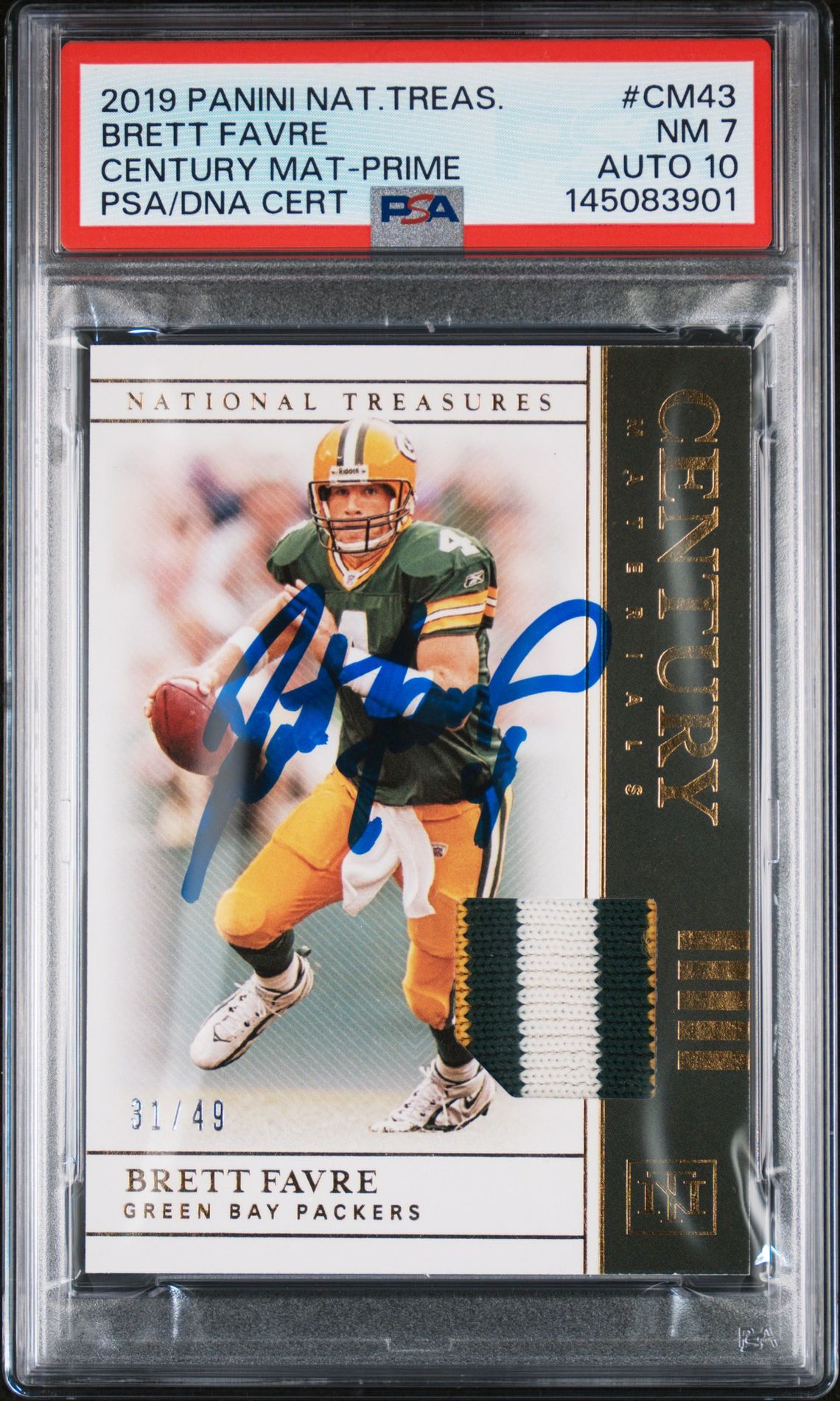 Brett Favre 2019 Panini National Treasures Green Bay Packers Signed Football Card #CM43 Century Material Prime Game Used Patch Authentic Auto 10 Graded PSA 7 Cert #145083901 31/49-Powers Sports Memorabilia