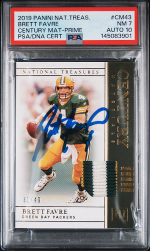 Brett Favre 2019 Panini National Treasures Green Bay Packers Signed Football Card #CM43 Century Material Prime Game Used Patch Authentic Auto 10 Graded PSA 7 Cert #145083901 31/49-Powers Sports Memorabilia