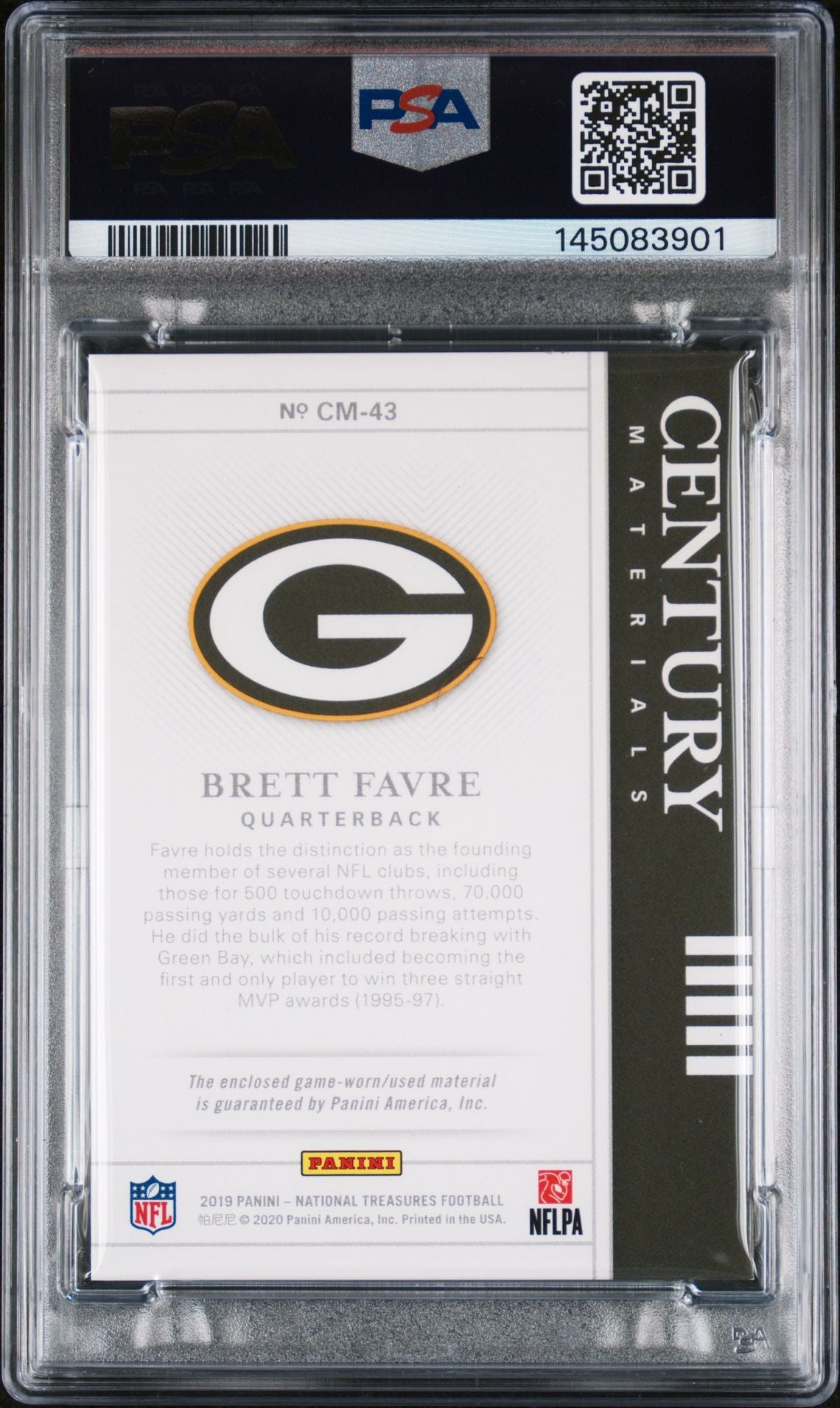 Brett Favre 2019 Panini National Treasures Green Bay Packers Signed Football Card #CM43 Century Material Prime Game Used Patch Authentic Auto 10 Graded PSA 7 Cert #145083901 31/49-Powers Sports Memorabilia