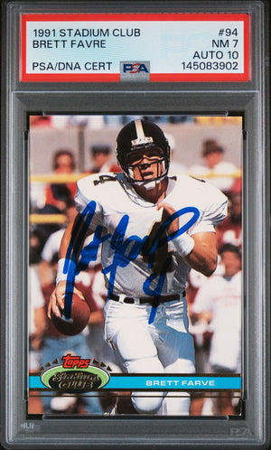 Brett Favre 1991 Topps Stadium Club Green Bay Packers Signed Football RC Rookie Card #94 Authentic Auto 10 Graded PSA 7 Cert #145083902-Powers Sports Memorabilia
