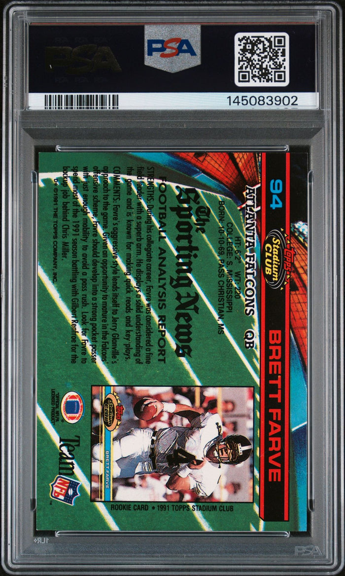 Brett Favre 1991 Topps Stadium Club Green Bay Packers Signed Football RC Rookie Card #94 Authentic Auto 10 Graded PSA 7 Cert #145083902-Powers Sports Memorabilia