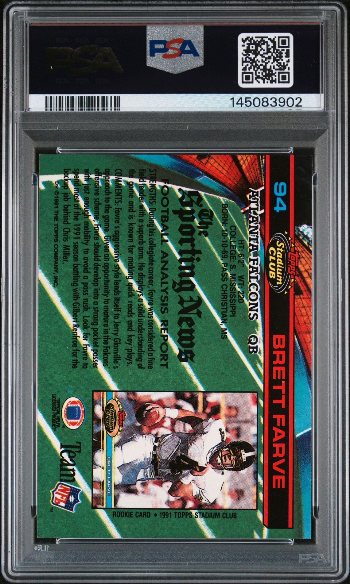 Brett Favre 1991 Topps Stadium Club Green Bay Packers Signed Football RC Rookie Card #94 Authentic Auto 10 Graded PSA 7 Cert #145083902-Powers Sports Memorabilia