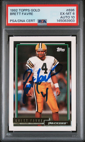 Brett Favre 1992 Topps Gold Green Bay Packers Signed Football Card #696 Authentic Auto 10 Graded PSA 6 Cert #145083903-Powers Sports Memorabilia