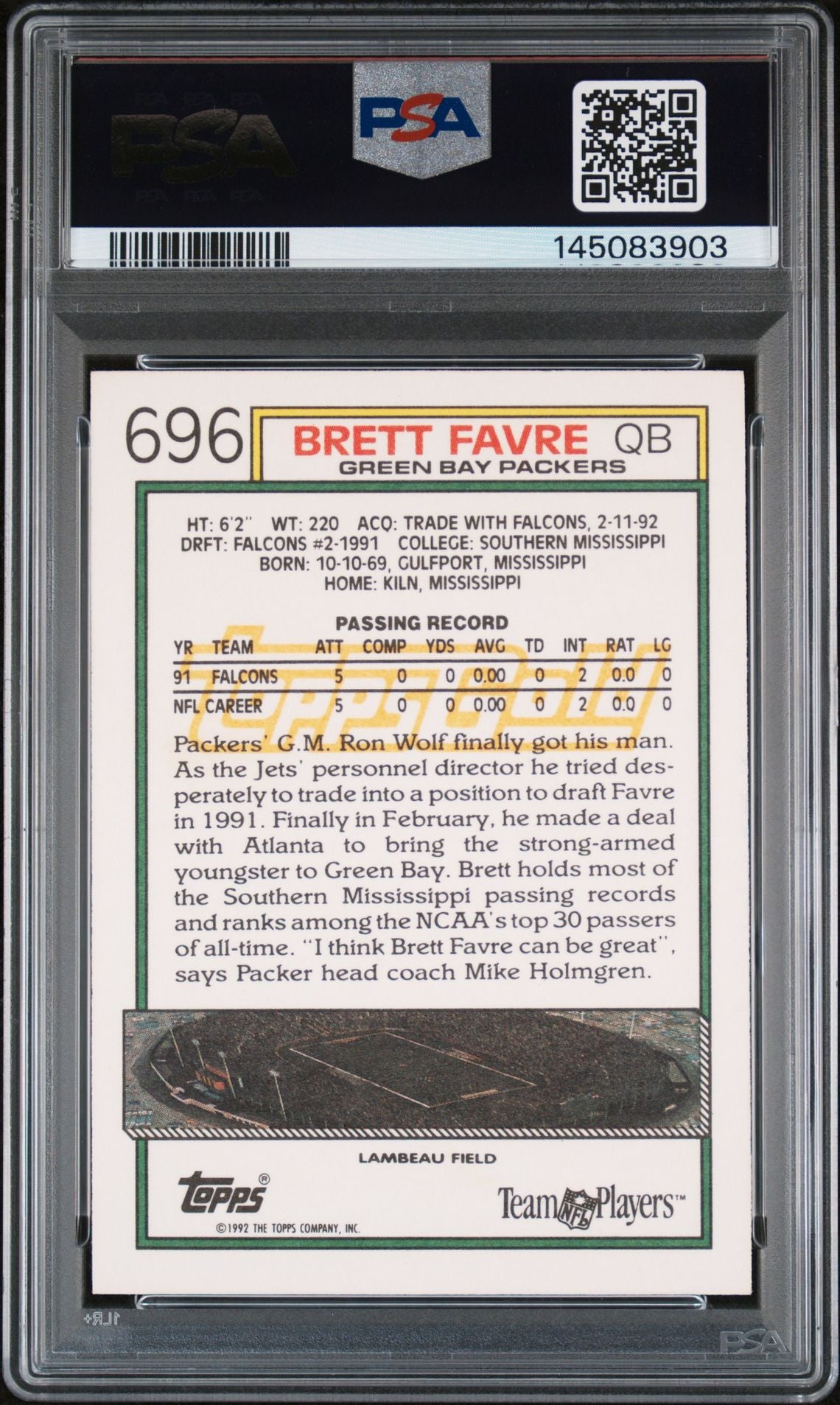 Brett Favre 1992 Topps Gold Green Bay Packers Signed Football Card #696 Authentic Auto 10 Graded PSA 6 Cert #145083903-Powers Sports Memorabilia